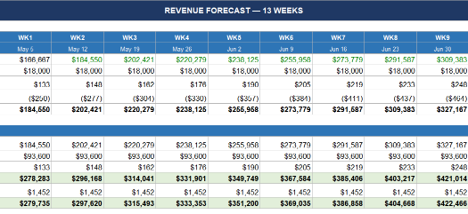 Revenue forecast spreadsheet sample showing 13-week cash flow projections