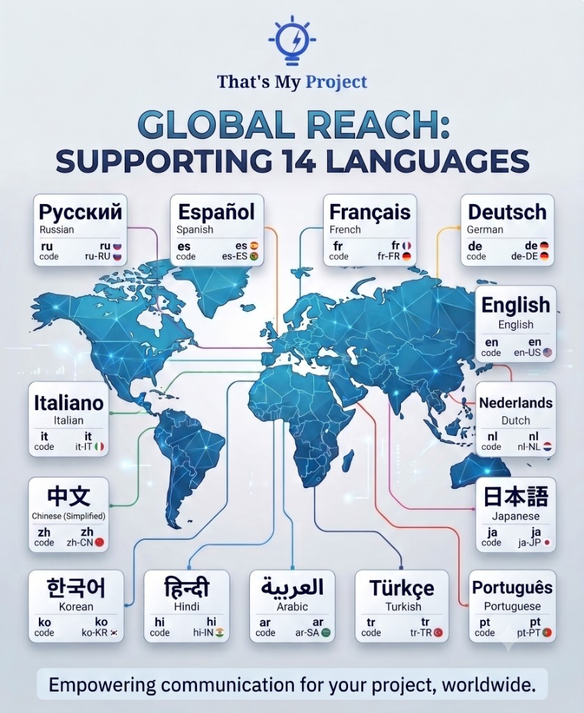 Global Reach: Supporting 14 Languages — world map with language cards, codes, locales, and flags